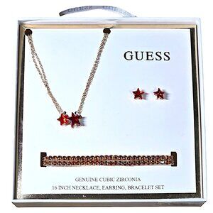 GUESS Red CZ Star Pendant Necklace, Double Stretch Bracelet & Stud Earrings Set